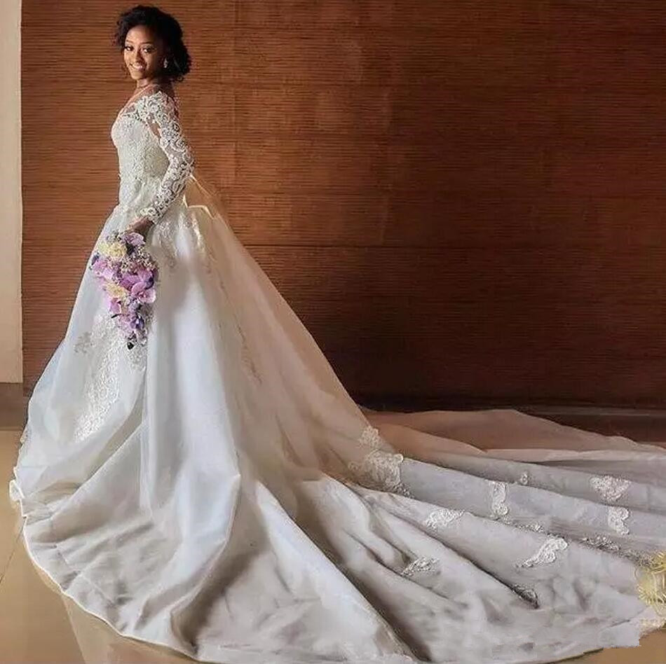 Plus Size Mermaid African Lace Wedding Dresses 2019 Detachable Train Beaded Pearls Nigeria Arabic Overskirt Bridal Gowns With Big Bowknot