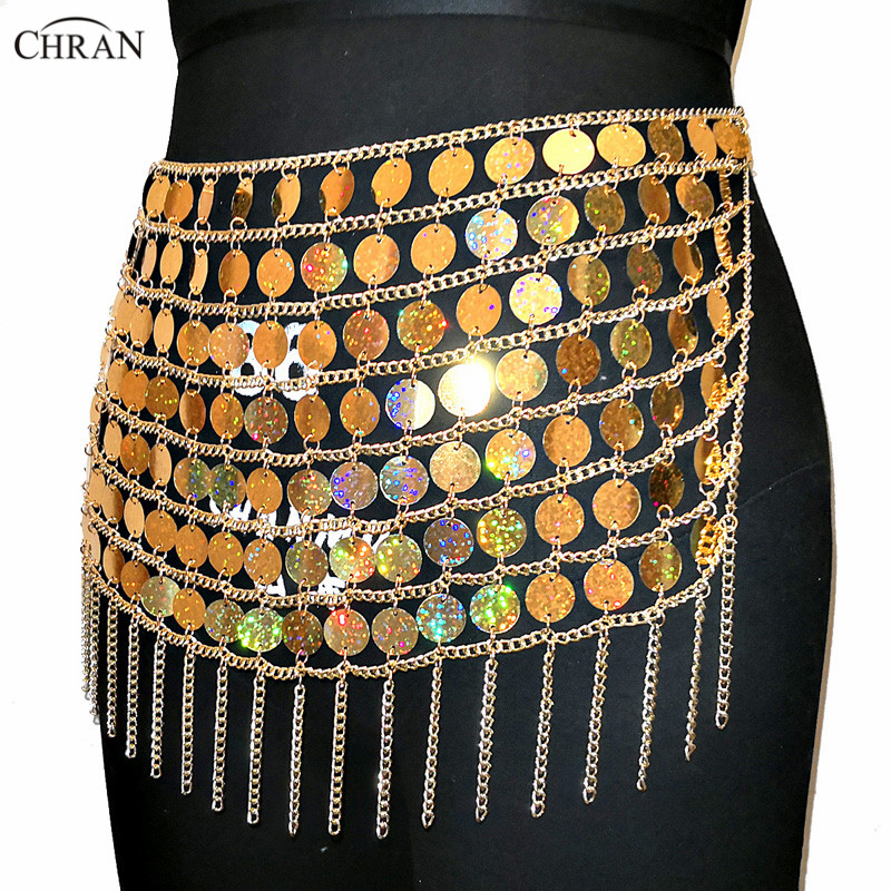 Chran Laser Gold Sequin Bead Belly Waist Chain Sexy Mini Skirt Women Necklace Bikini Wear Party Dress Festival Sexy Bod Jewelry