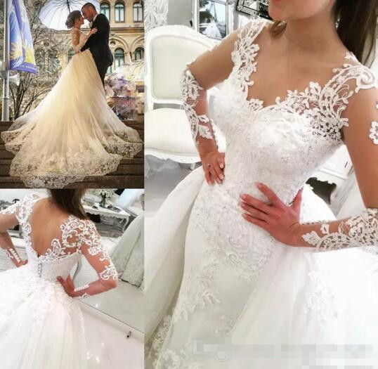 Sexy V Neck Long Sleeves Wedding Dresses Mermaid with Overskirts Detachable Train Lace Appliqued Chaple Wedding Gown Bridal Dress, White
Sexy V Neck Long Sleeves Wedding Dresses Mermaid with Overskirts Detachable Train Lace Appliqued Chaple Wedding Gown Bridal Dress, White