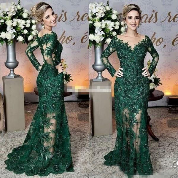 Elegant Dark Green Mother of The Bride Dresses Sheer Jewel Neck Lace Appliques Long Sleeve Mermaid Formal Evening Dresses Sequined Dresses