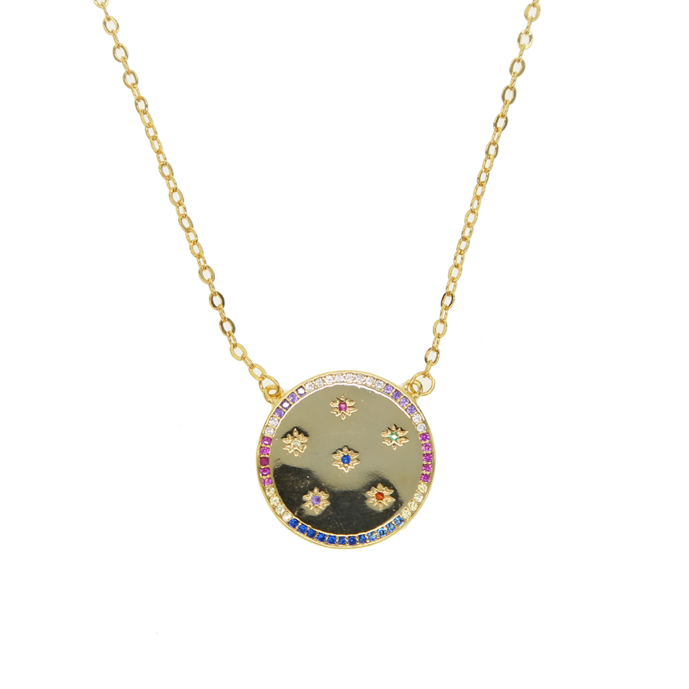 statement coin necklace paved rainbow cz engraved star geometric round plate classic simple fashion jewelry