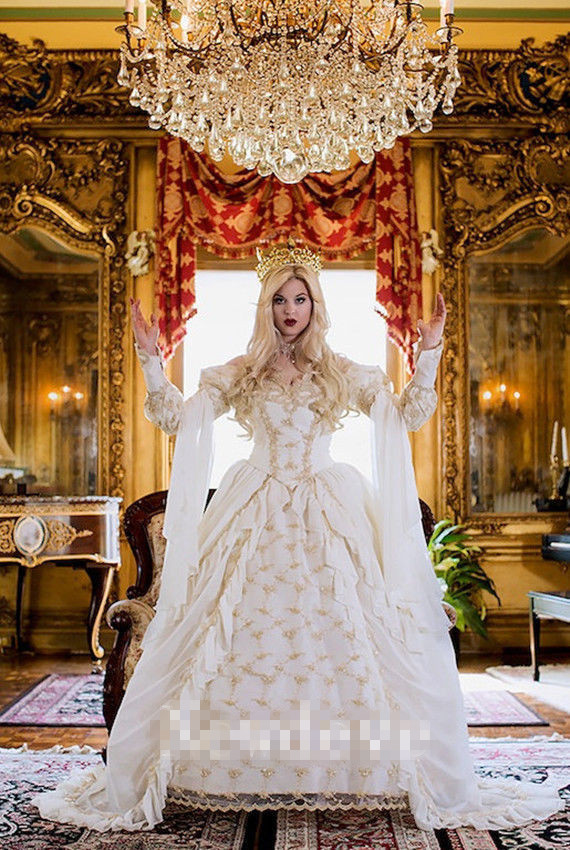 Medieval Wedding Dresses Beads Lace Empire Bridal Gowns Luxury Beaded Off The Shoulder Long Sleeves Fluffy Wedding Dress