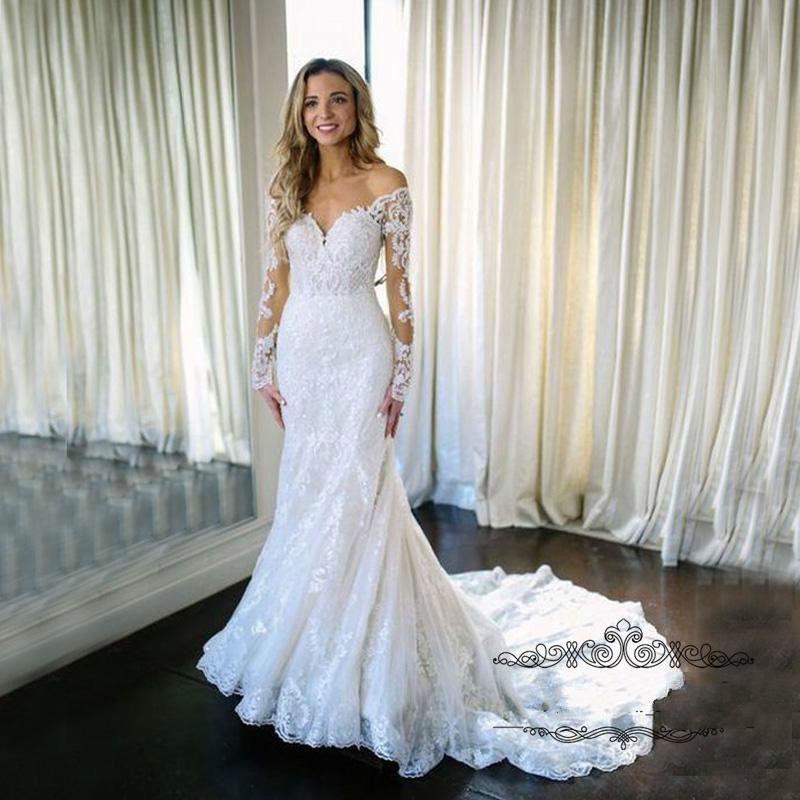 Modest Mermaid Wedding Dresses Off The Shoulder Lace Appliques Sweep Train Long Sleeve Wedding Dress Vestido De Novia Country Bridal Gowns