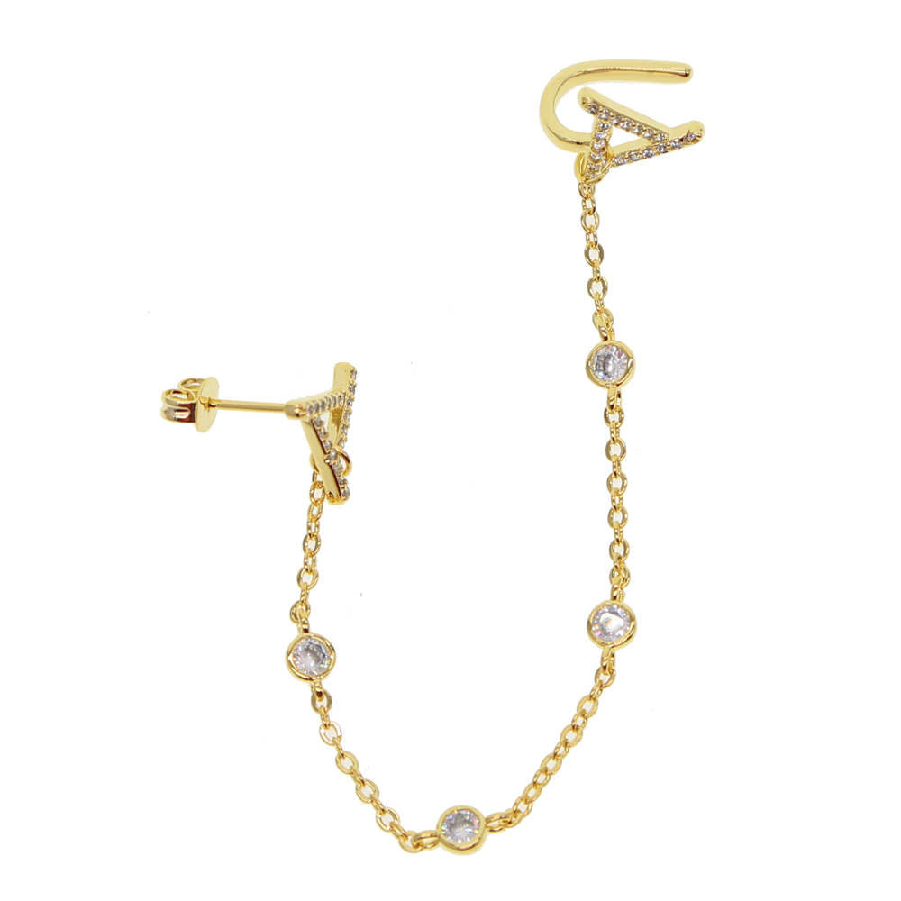 gold,rose gold,silver three color long stud cuff earring for women romatic cz station chain tassel fashion Triangle cz cuff jewelry