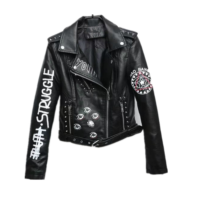 New Spring Ladies Rivet Letter Print Locomotive Pu Leather Jackets Women Short Fashion Hip Coat Pu Leather Bomber