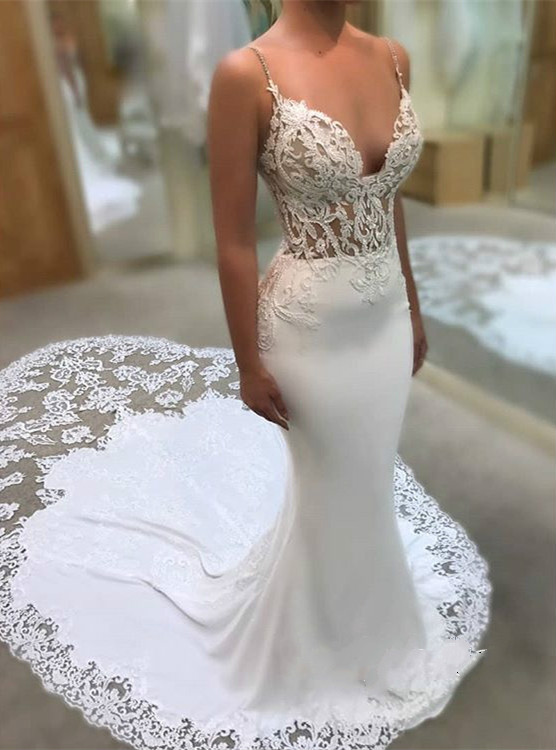 Glamorous Spaghetti-Straps Mermaid Wedding Dresses Appliques Illusion Satin Lace Wedding Dress Sweep Train Plus Size Bridal Gowns