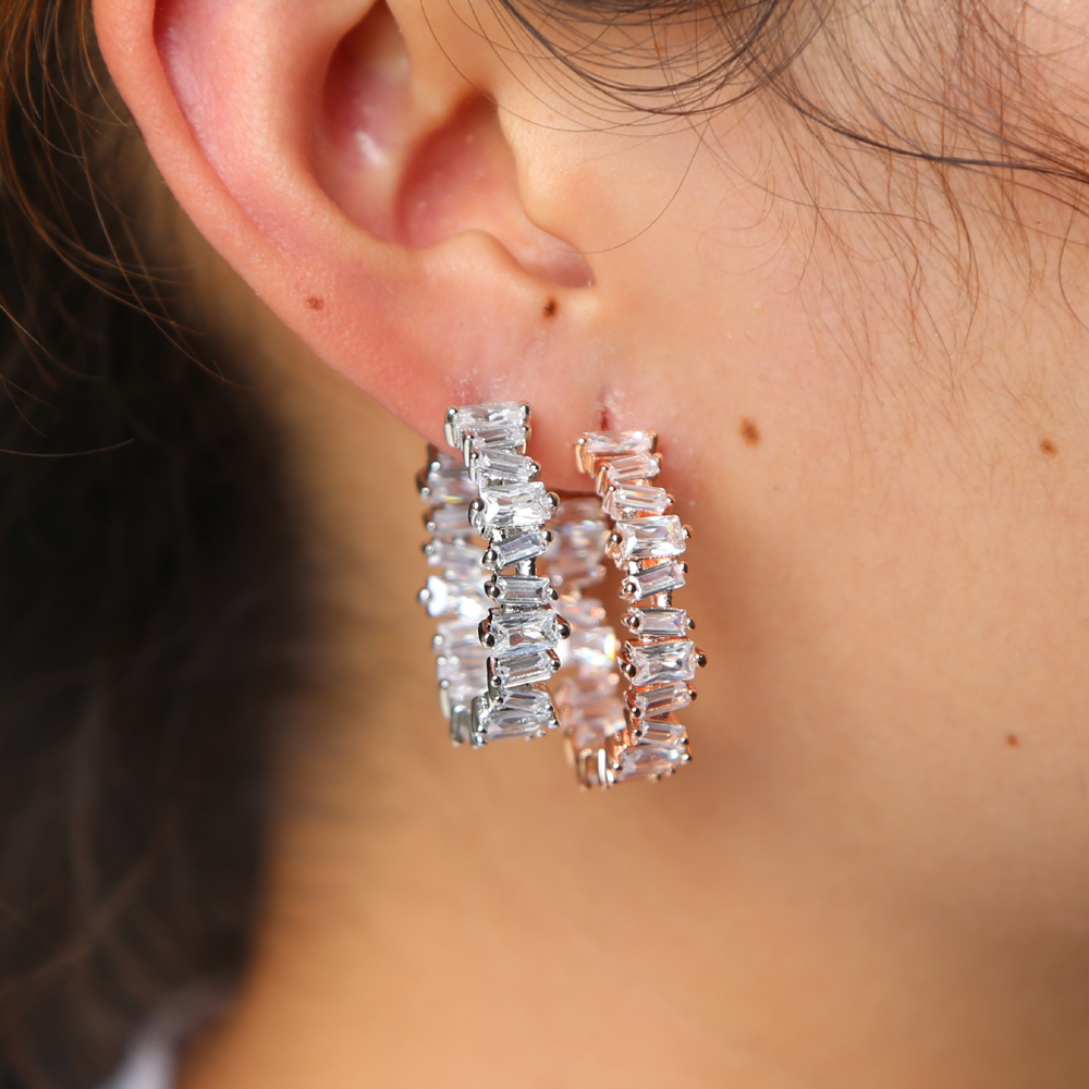 baguette cz hoop 3 colors silver rose black gold luxury women ladies jewelry CZ Diamond earring top quality