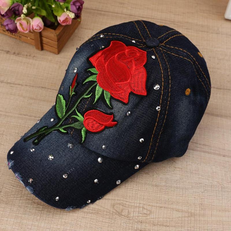 Bling Rhinestone Flower Denim Baseball Cap Women Fashion Embroidery Rose Snapback Hat Size Adjustable Caps