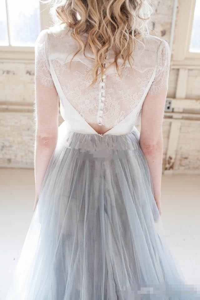 2018 New Boho Beach Dresses Short Sleeves Chapel Train Lace Top Bohomian Country Cheap Bridal Wedding Gown