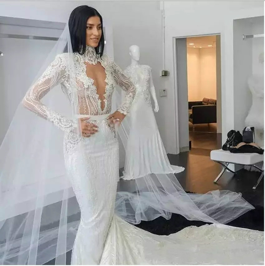High Neck Lace Mermaid Wedding Dresses With Full Appliques Sweep Train Long Sleeves Country Bridal Dress Beaded Plus Size Boho Wedding Gowns