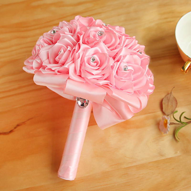 Satin Rose Wedding Bridal Bouquets Handmade Flowers Artificial Rose Crystals Wedding Supplies Bride Holding Flowers Brooch Bouquet CPA1589
