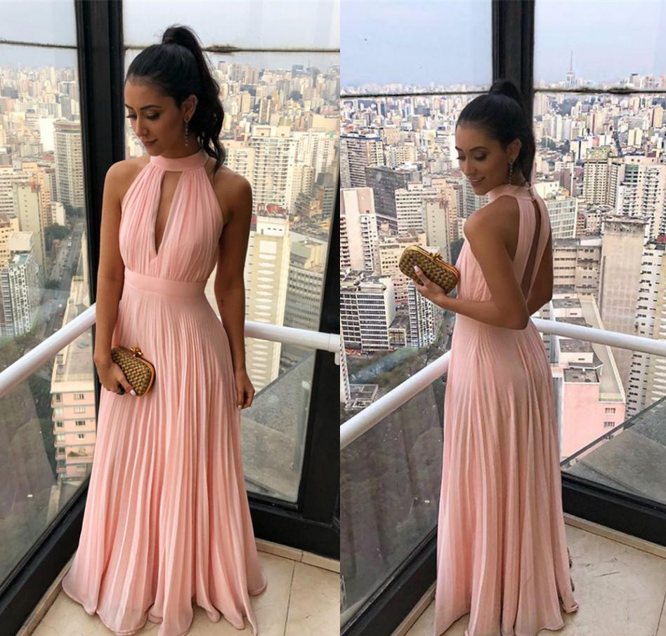 2019 Pink Bridesmaid Dresses Halter Chiffon Boho Summer Country Garden Formal Wedding Party Guest Maid of Honor Gowns Plus Size Custom Made