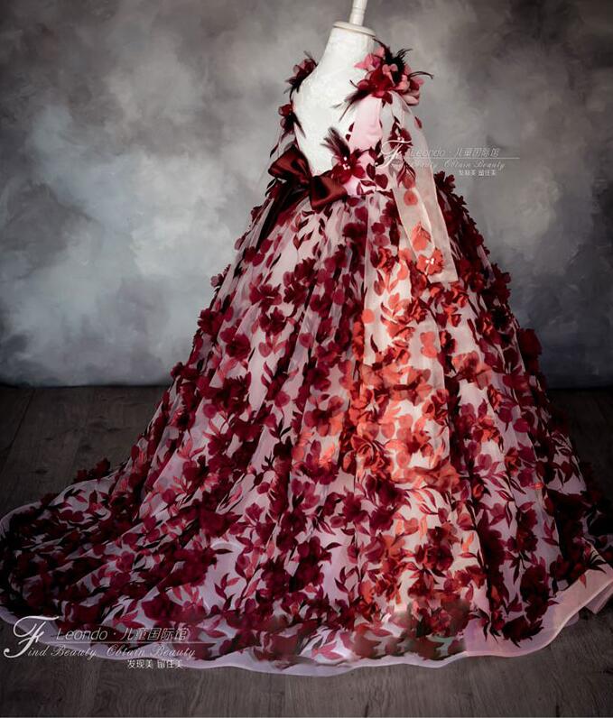 Burgundy Flower Girl Dresses For Weddings 3D Floral Cute Little Girls Pageant Dress Long Sleeve First Holy Communion Dresses