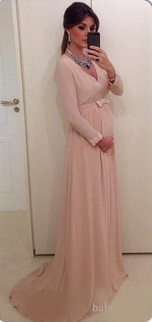 Chiffon Long Sleeves V Neck Cheap Maternity Evening Dresses Sweep Train Plus Size Custom Inexpensive Baby Shower Dresses
