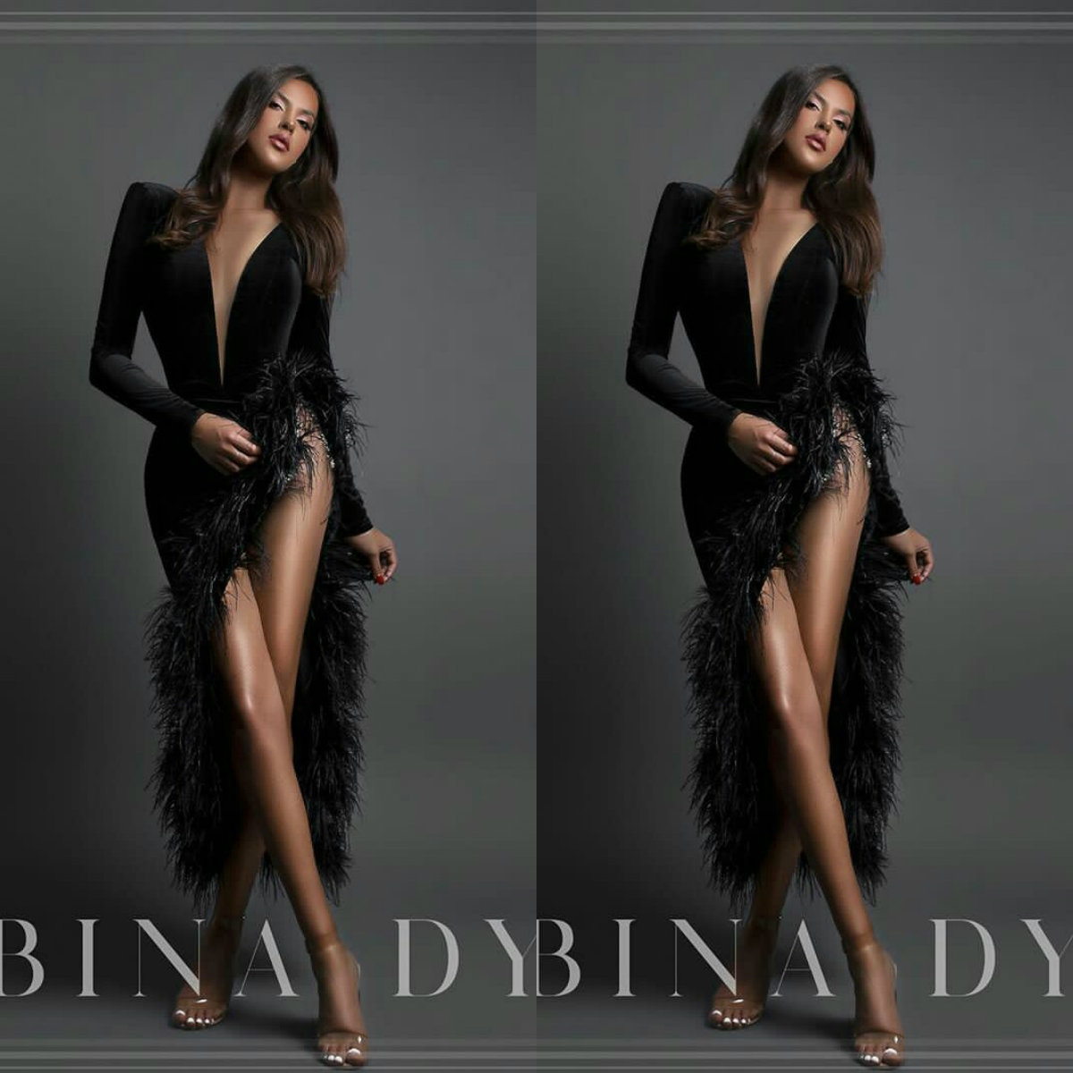 2020 Black Evening Dresses Sexy V-neck High-split Long Sleeves Satin Feather Prom Dress Sweep Train Custom Made Formal Party Gown Hot Sell