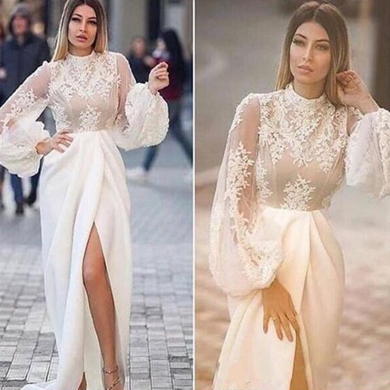 2019 Arabic High Collar Evening Dresses with Lace Applique Illusion Long Sleeves Formal Party Gowns Side Split Sexy Prom Dresses, Dark navy
2019 Arabic High Collar Evening Dresses with Lace Applique Illusion Long Sleeves Formal Party Gowns Side Split Sexy Prom Dresses, Dark navy