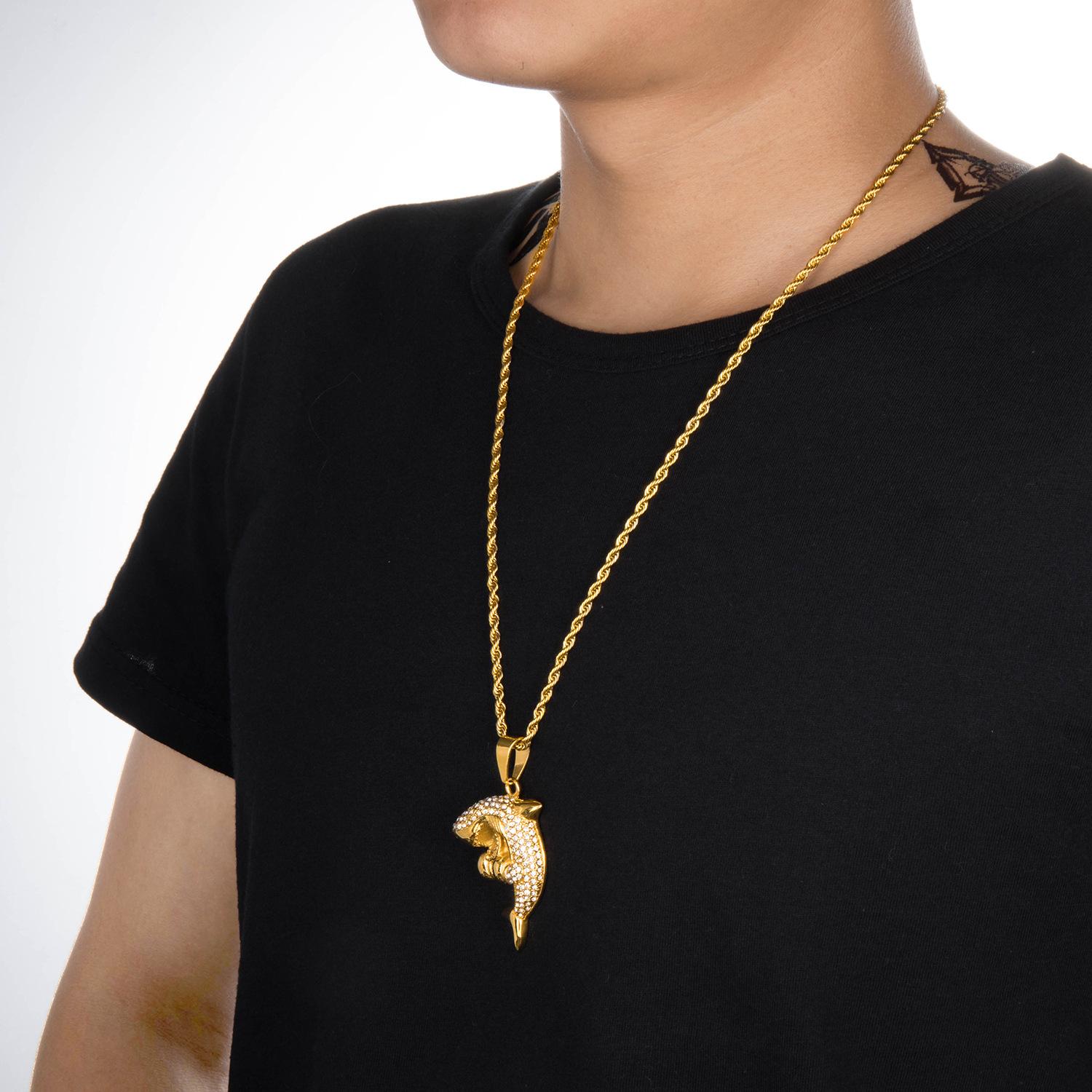 New Fashion Gold Plated Stainless Steel Bling Diamond Mens Shark Pendant Chain Necklace personalized Hip Hop Rapper Jewelry Gifts for Men
