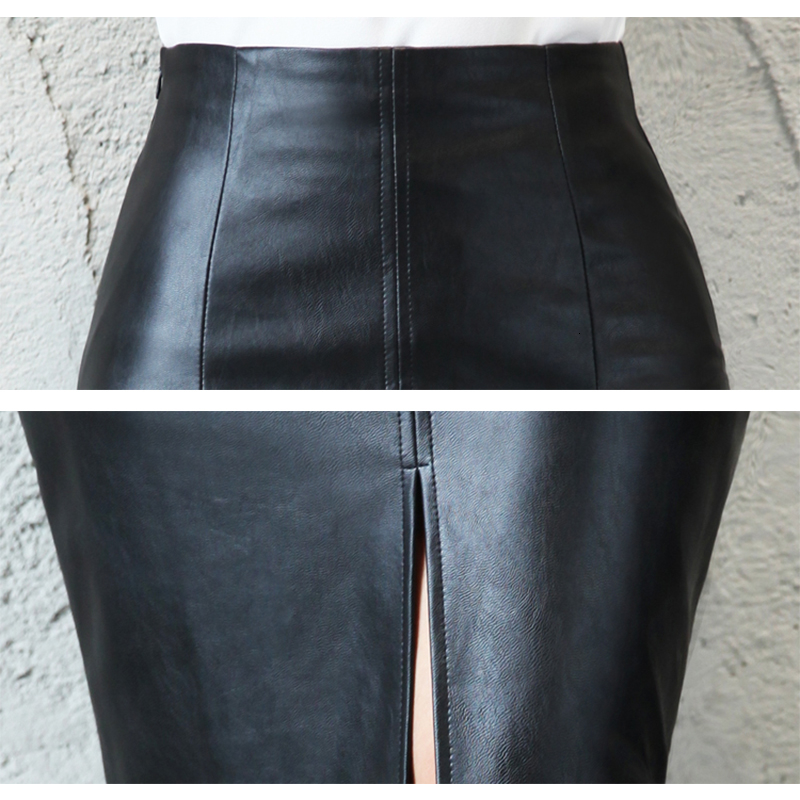 Women's Black PU Leather Midi High Waist Sexy Split Office Pencil Skirt
