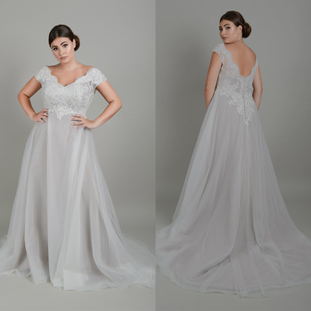 2020 Modest Wedding Gowns A Line V Neck Short Sleeve Plus Size Wedding Dresses Sweep Train Tulle Lace Applique Sequins Button Bridal Gowns