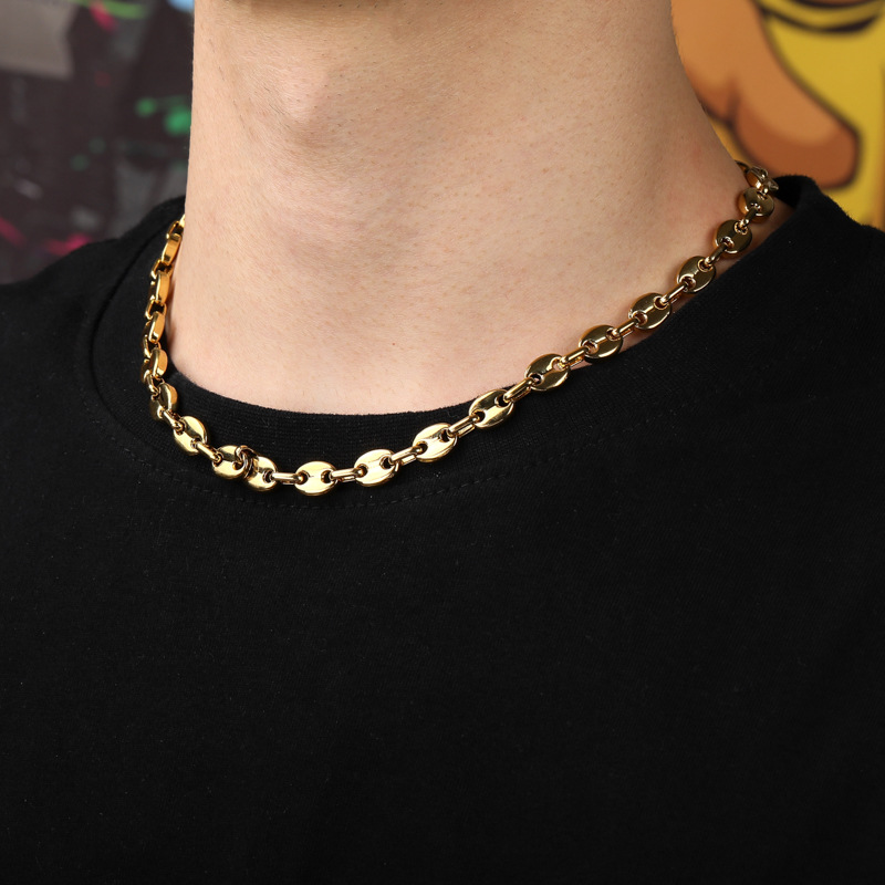 Mens Titanium Stainless Steel Coffee Bean Necklace Chain Gold Plated Hip Hop Pig Nose Cuban Link Chains Choker Rapper Jewelry Accessories for Men Wolf