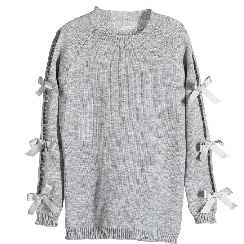 hirigin Women Autumn Long Sleeve O-neck Bow hollow-out Pullover Sweater Ladies Casual Kintting Solid Sweet Jumper Tops