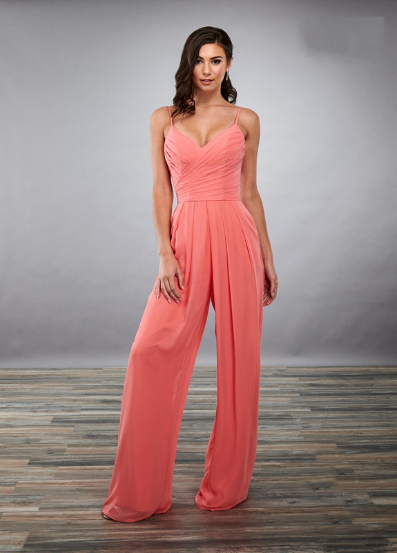 Lastest Designer Coral Bridesmaid Evening Jumpsuits Pantsuit Dresses with Spaghetti Straps Ruch Chiffon Long Wedding Party guest Dress