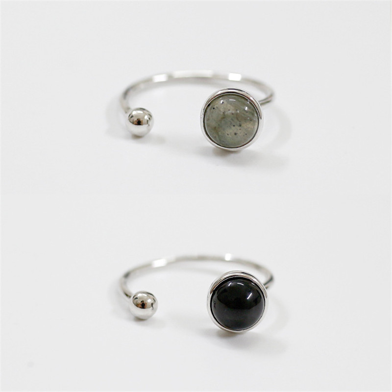 New Simple Style 925 Sterling Silver Round Beads Black Agate Moon Stone Open Size Rings For Women Statement Adjustable Ring