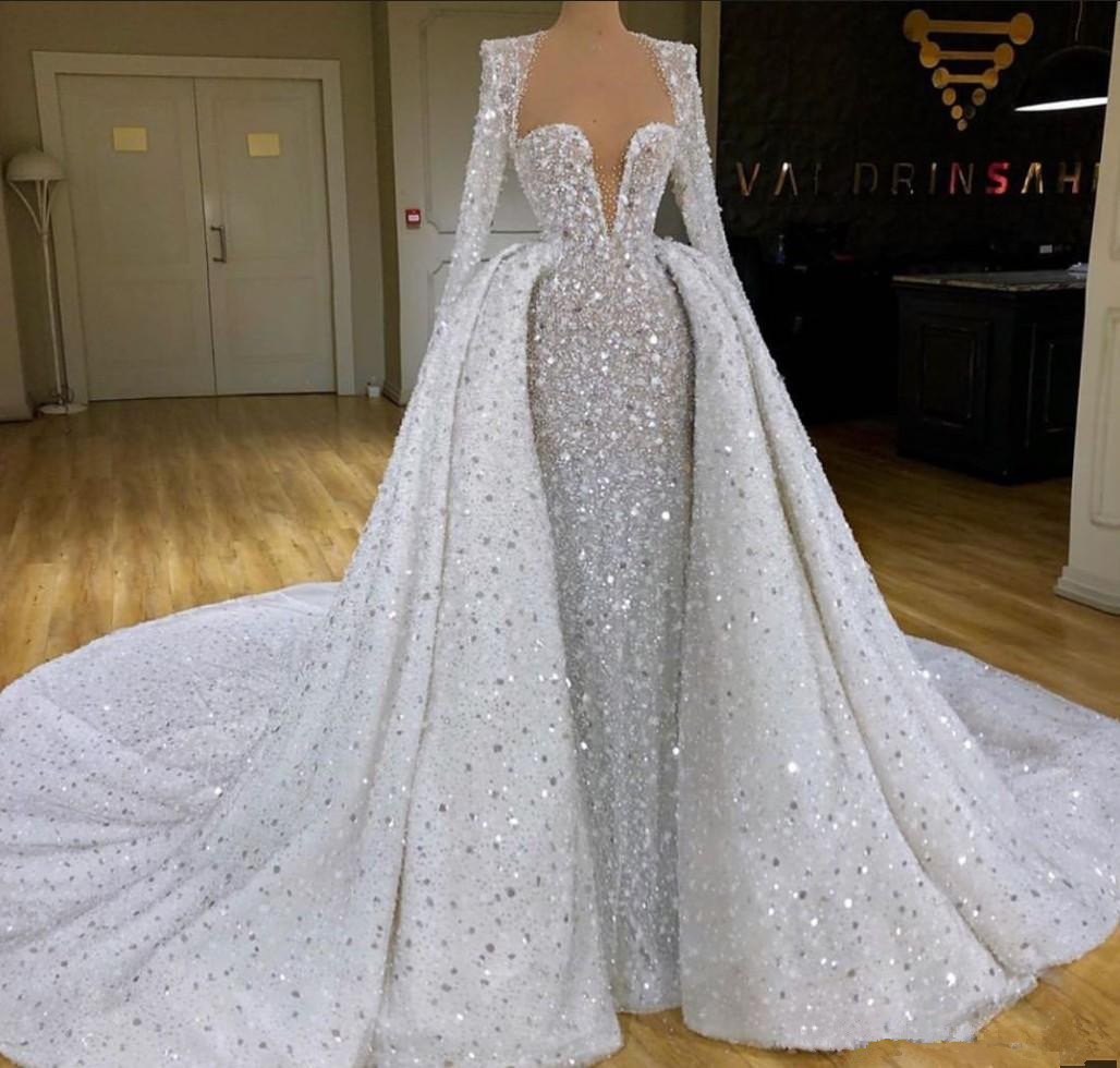 sweetheart plus size mermaid wedding dresses with detachable train sequin crystal beaded appliqued long sleeve bridal gowns