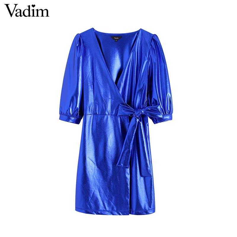 Vadim womem stylich shiny blue wrap dress V neck cross design bow tie sashes half sleeve party club mini dresses vestidos QD001, As picture
Vadim womem stylich shiny blue wrap dress V neck cross design bow tie sashes half sleeve party club mini dresses vestidos QD001, As picture