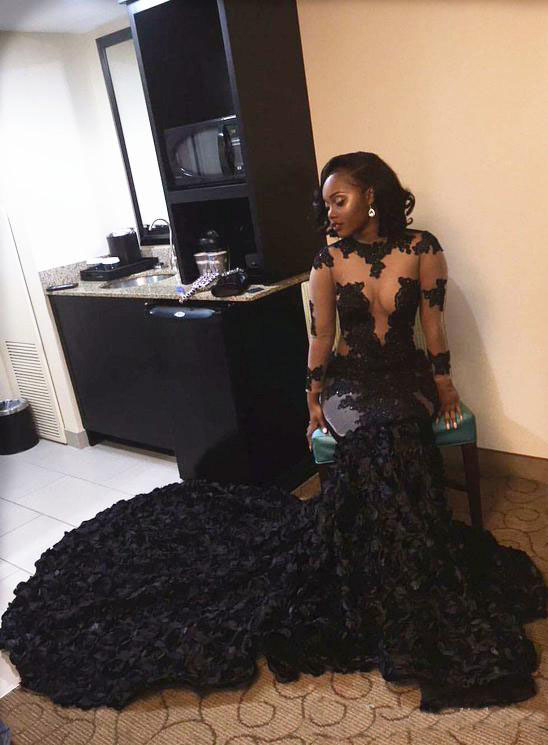 African Black Prom Dresses Mermaid Sheer Neckline Appliques Long Sleeves Evening Dress Wear Long Sweep Train African Party Gowns