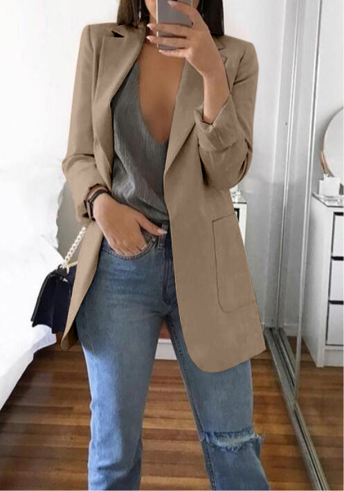 Fashion-Autumn Women Casual Slim Blazers Suit Jacket Fashion Lady Office Suit Black with Pockets Business Notched Blazer Coat