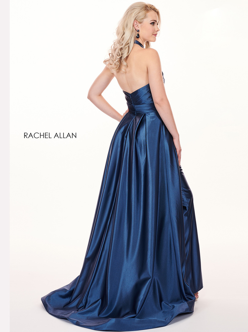 Royal Blue Halter Prom Dresses Jumpsuits Gloosy Satin Backless Sweep Train Pants Suits Evening Gowns Plus Size Party Dress Abendkleider