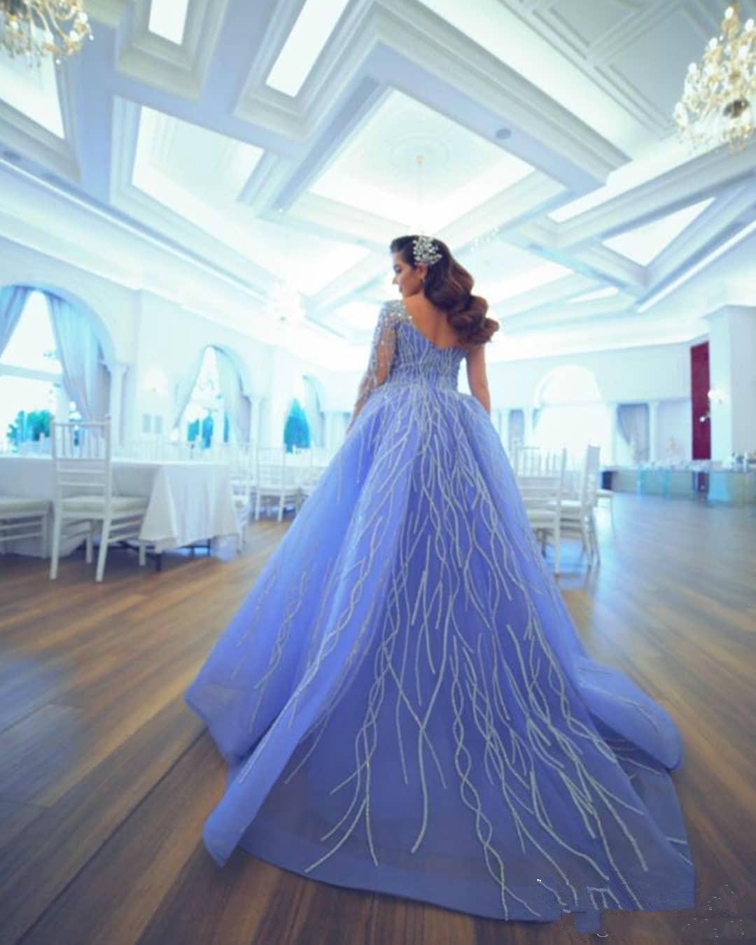 2020 Arabic Evening Dresses With Detachable Train V Neck Lace Appliques Beading Long Sleeve Sheath Prom Dress Party Plus Size Women Gowns