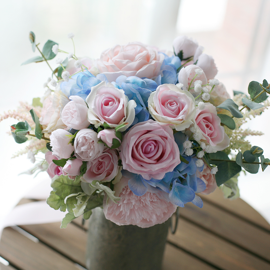 Pink Blue Flower Bridal Bouquets 2020 Rose Hydrangea Wedding Home Decoration Artificial Bride Holding Brooch Bouquet Bride Flowers