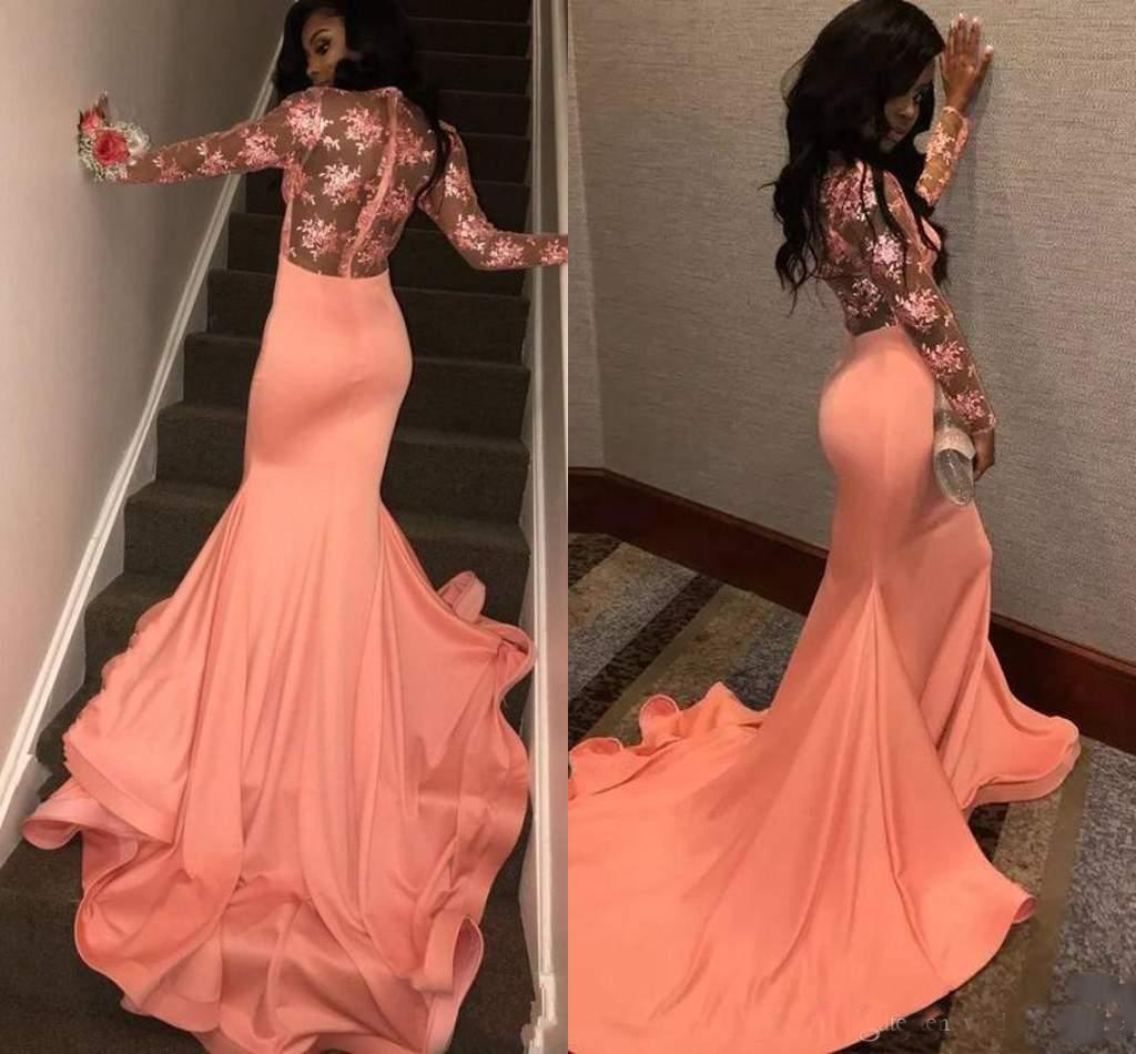 Graceful Mermaid Evening Dresses Long Sleeve Zipper Back Lace With Appliques Long Evening Gowns Prom Dresses