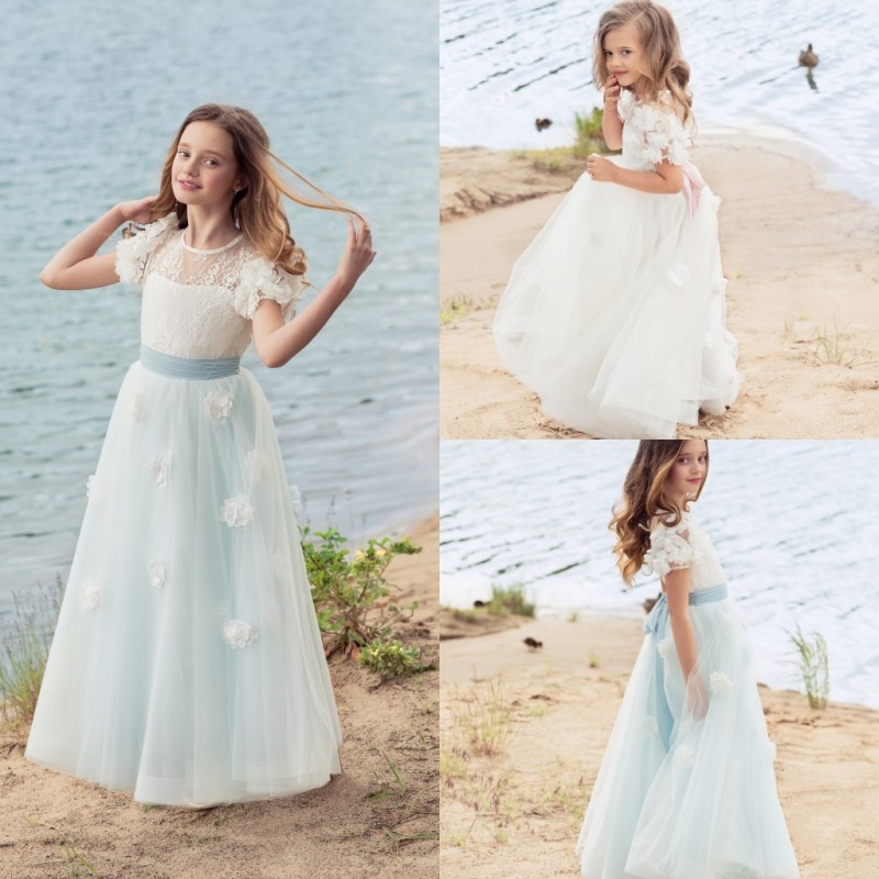 Beach White Flower Girls Dresses For Weddings Short Sleeves Lace Hand Made Flower Ruffles Satin Girls Pageant Dress First Communion Dress