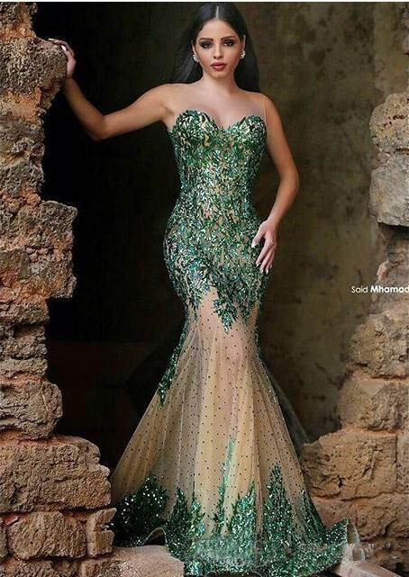 Arabic Emerald Green Mermaid Evening Dresses Sheer Neck Sequins Lace Said Mhamad Long Prom Gowns Party Wear