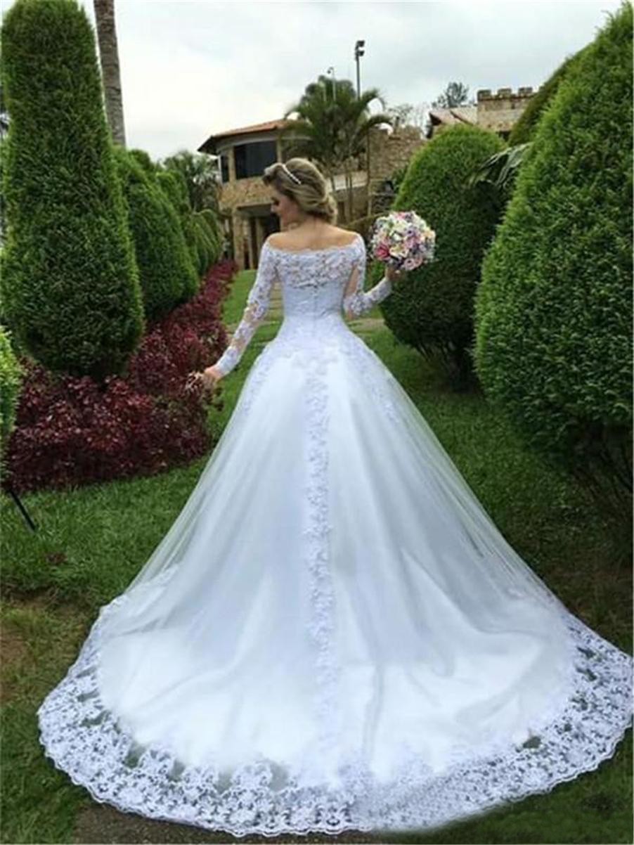 New Modern Cheap A Line Wedding Dresses Long Sleeves Off The Shoulder Appliques Lace Beaded Sweep Train Illusion Arabic Formal Bridal Gowns