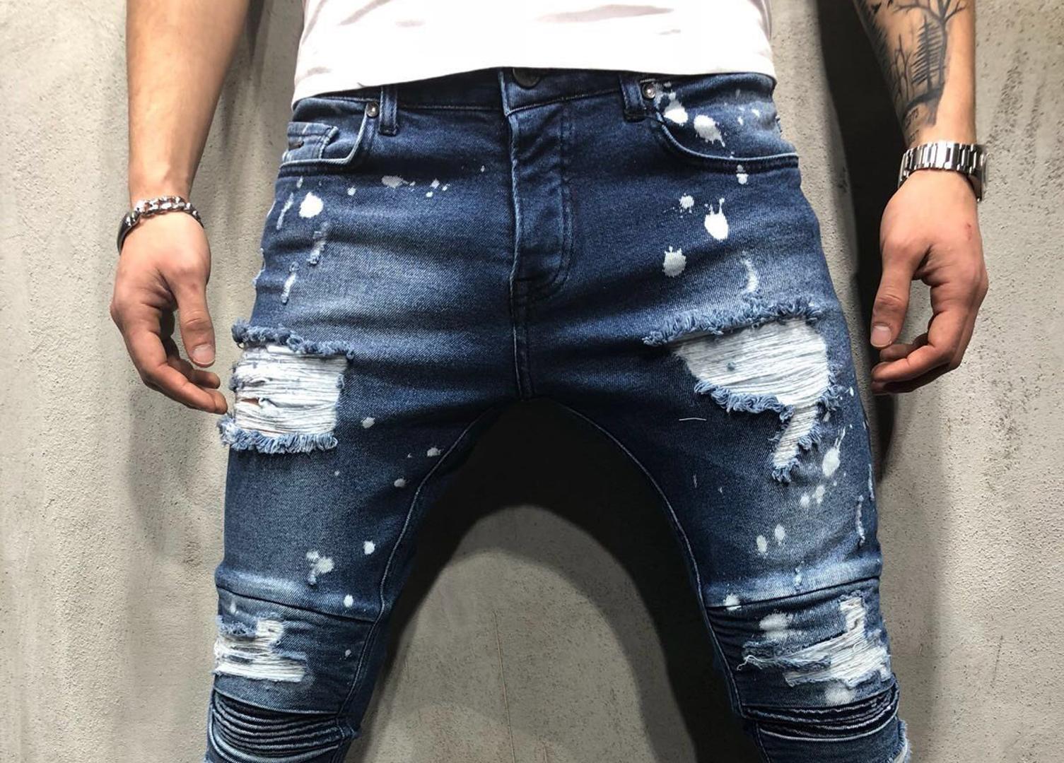Fashion-Men's Painted Skinny Slim Fit Straight Ripped Distressed Pleated Knee Patch Denim Pants Stretch Jeans