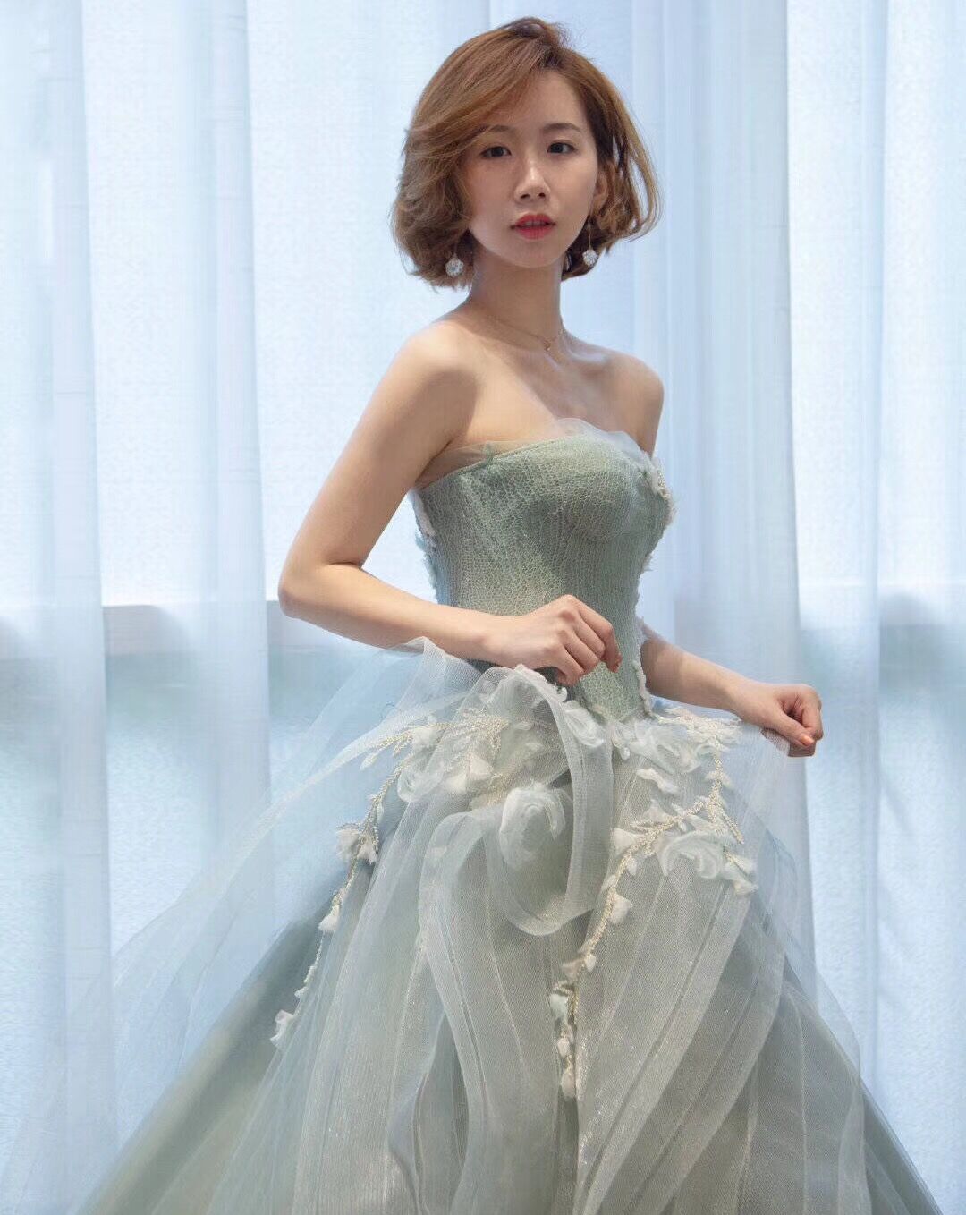 Strapless Sage Ball Gown Prom Dress Lace-up/Zipper Back Sweep Train Evening Gowns