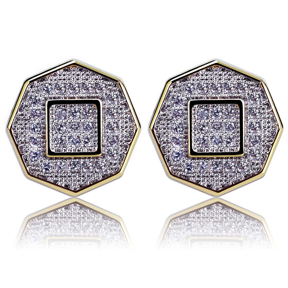 Shining White Zircon Hip Hop Octagon Stud Earrings Screw Back Gold Plated Earrings Vintage Geometric Jewelry