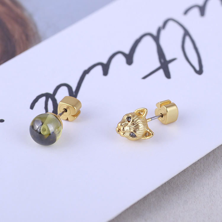 Fashion- cat head desigh and 06.cm asymmetric bead stud earring with nature green stone for women wedding jewelry gift free shippin