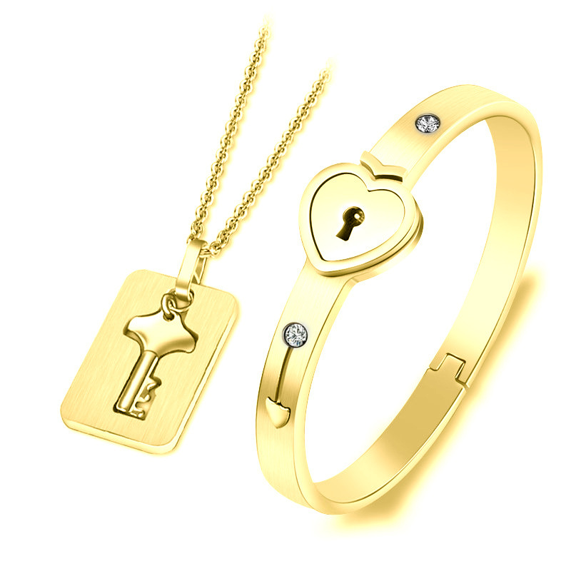 Gold Plated Heart Lock Love Jewelry Sets with Lock Key Pendant Necklace Titanium Steel heart Lock Bracelet Key Necklace for Couples, 001
Gold Plated Heart Lock Love Jewelry Sets with Lock Key Pendant Necklace Titanium Steel heart Lock Bracelet Key Necklace for Couples, 001