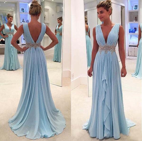 Custom Made Deep V Neck Prom Dresses A Line Chiffon Ruffles Skirts Long Backless Crystal Sash Formal Evening Gowns, Gray
Custom Made Deep V Neck Prom Dresses A Line Chiffon Ruffles Skirts Long Backless Crystal Sash Formal Evening Gowns, Gray