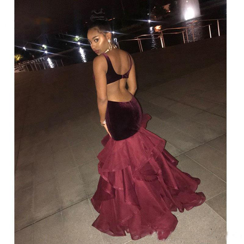 Burgundy Velvet Formal Evening Dresses Backless V Neck Prom Gowns Mermaid Ruffles Organza Skirt Graduation Dress Evening Wear