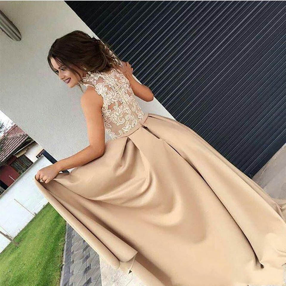 Saudi Arabic Muslim Champagne Evening Dresses Long Lace Appliqued High Neck Abiye Islamic Dubai Kaftan Evening Gown