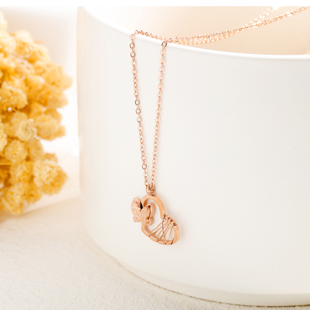 Butterfly Lover Heart Shape Pendant Necklace 316L Stainless Steel 14k Gold Plated Necklace Jewelry Women Girl's Gift