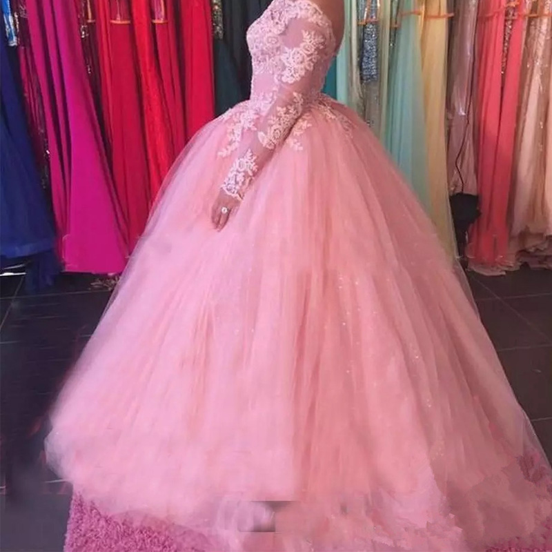 Perfect Long Sleeve Quinceanera Dresses Gown boat Neck Lace Applique Tulle Bodice Long Prom Dresses Formal Party Ball gown