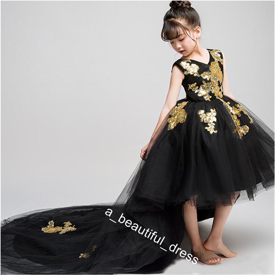 Gold Embellished Lace Black Hi Low Girls Pageant Dresses Tulle Jewel Neck Applique Ruched Cheap Flower Girls First Communion Dress FG1298