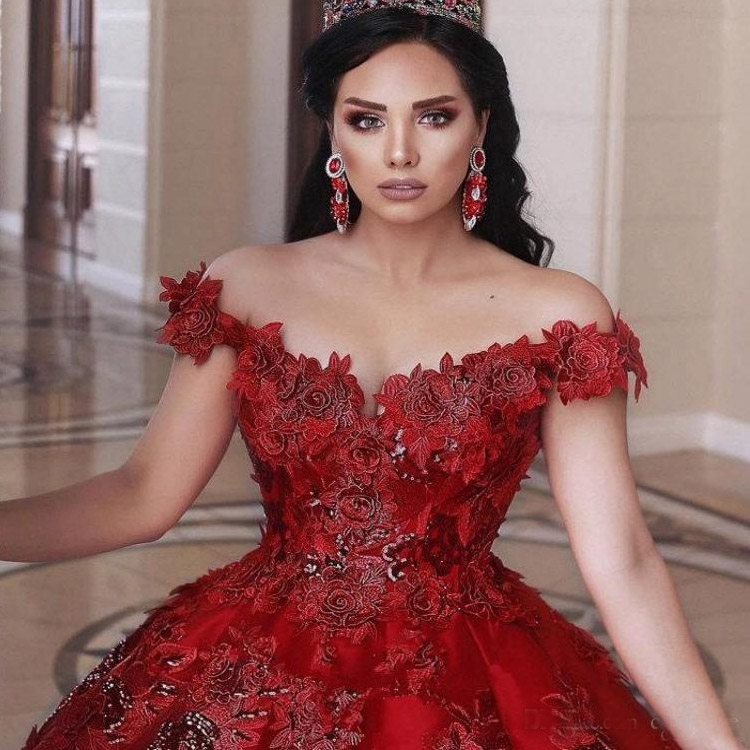 Red Sequins Ball Gown Prom Dresses Dubai African 3D Flower Applique Plus Size Formal Evening Dress Quinceanera Pageant Gowns